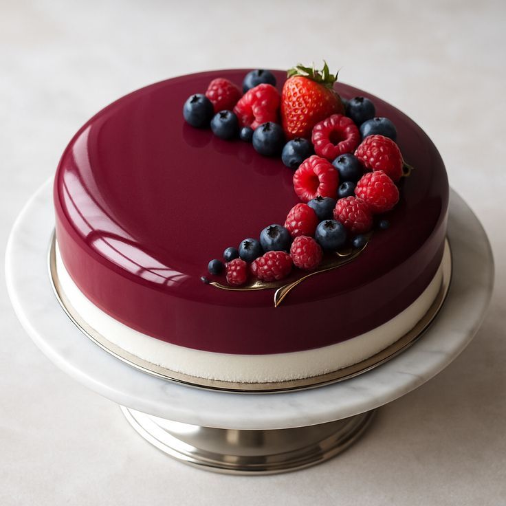 A glossy berry cake finished with fresh fruit